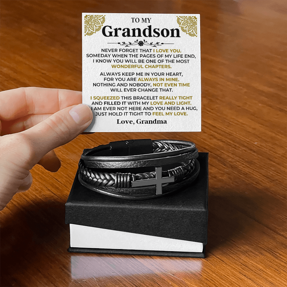 Gift for Grandson from Grandma Cross Leather Bracelet – Forever in My Heart