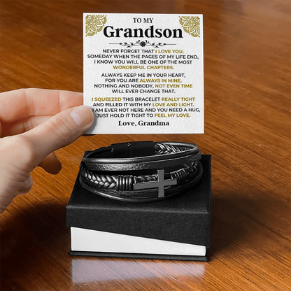 Gift for Grandson from Grandma Cross Leather Bracelet – Forever in My Heart