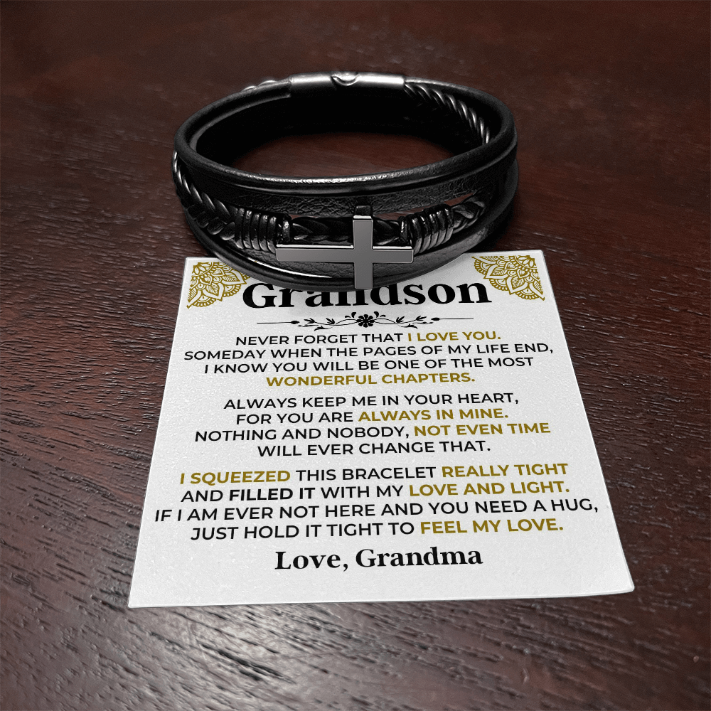 Gift for Grandson from Grandma Cross Leather Bracelet – Forever in My Heart