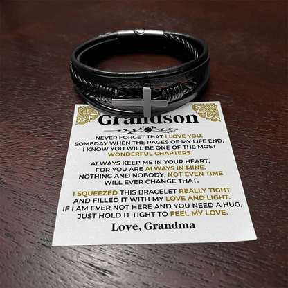 Gift for Grandson from Grandma Cross Leather Bracelet – Forever in My Heart