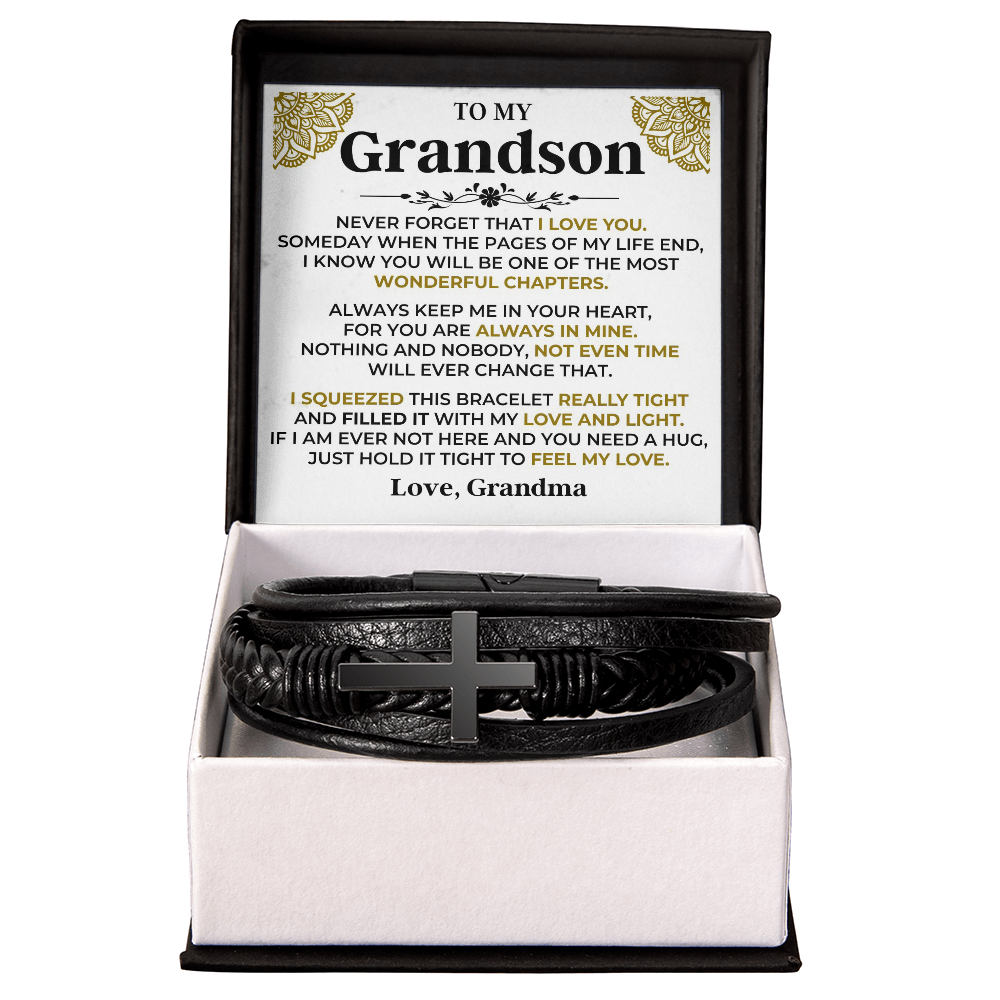 Gift for Grandson from Grandma Cross Leather Bracelet – Forever in My Heart