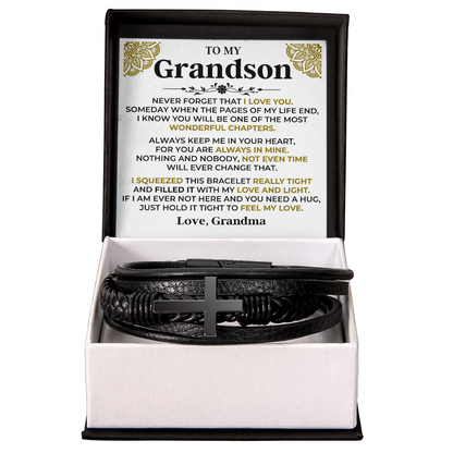 Gift for Grandson from Grandma Cross Leather Bracelet – Forever in My Heart