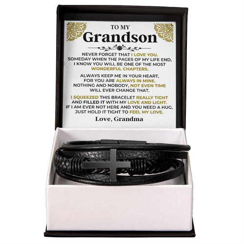 Gift for Grandson from Grandma Cross Leather Bracelet – Forever in My Heart