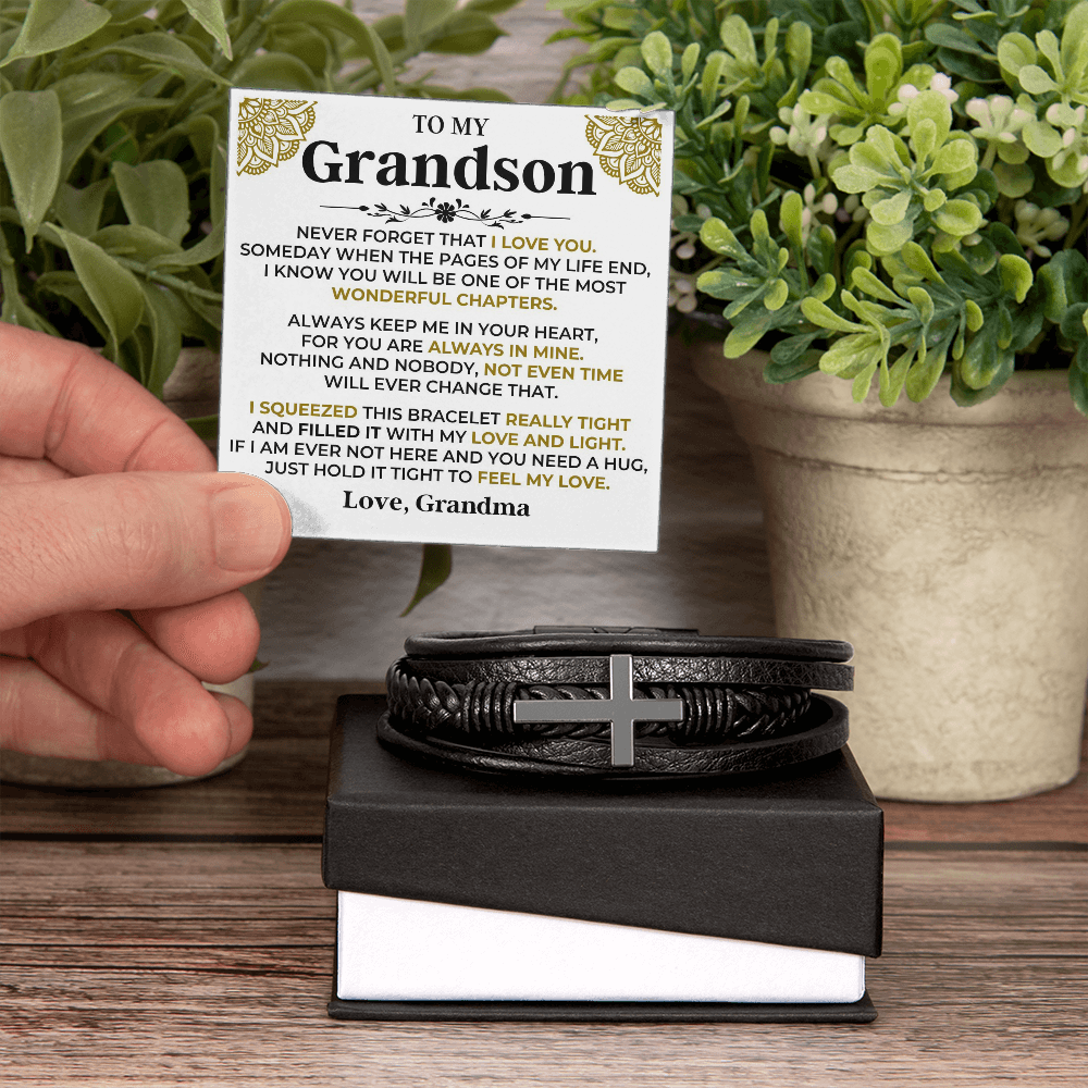 Gift for Grandson from Grandma Cross Leather Bracelet – Forever in My Heart