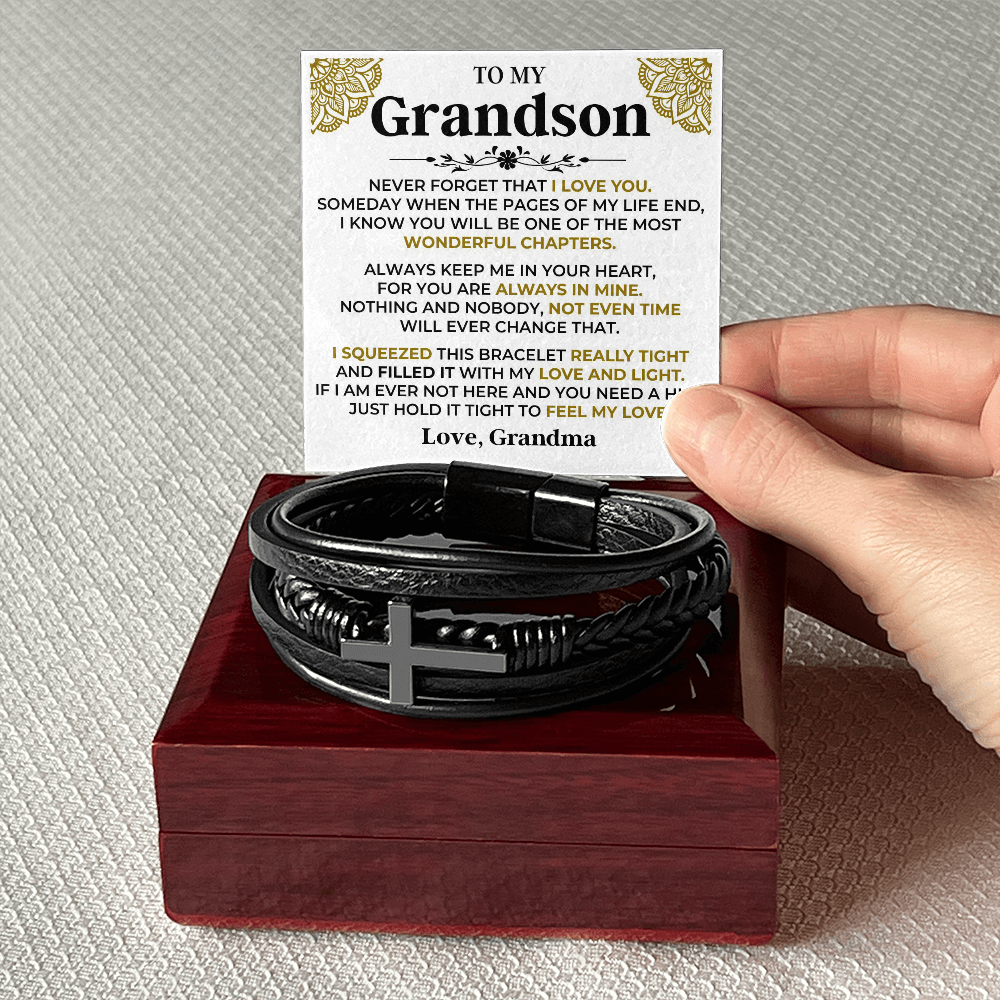 Gift for Grandson from Grandma Cross Leather Bracelet – Forever in My Heart