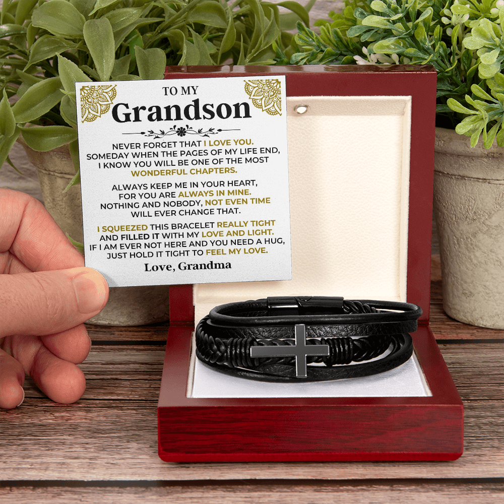 Gift for Grandson from Grandma Cross Leather Bracelet – Forever in My Heart