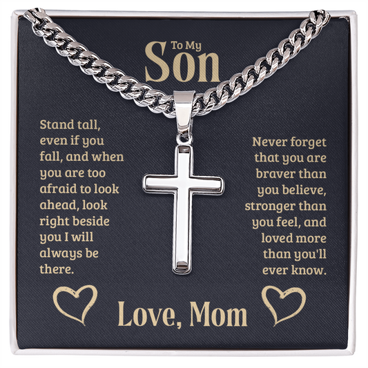 To My Son Braver Stronger Mom Cross Necklace Gift