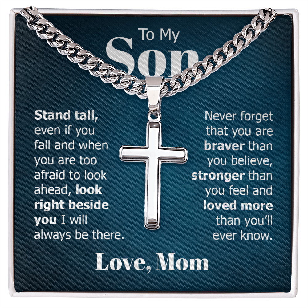 To My Son Braver Stronger Mom Cross Necklace Gift