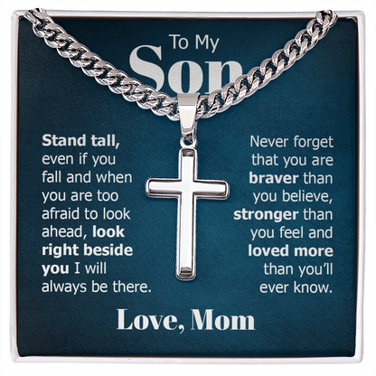 To My Son Braver Stronger Mom Cross Necklace Gift