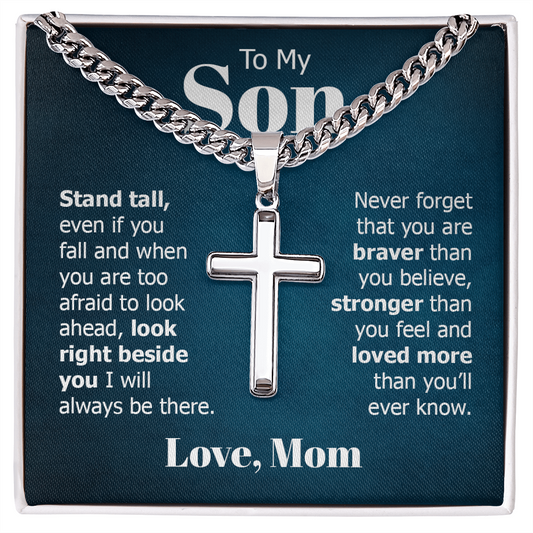 To My Son Braver Stronger Mom Cross Necklace Gift