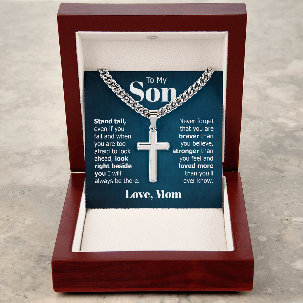To My Son Braver Stronger Mom Cross Necklace Gift