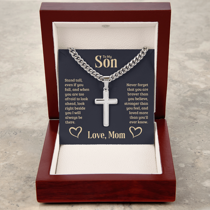 To My Son Braver Stronger Mom Cross Necklace Gift
