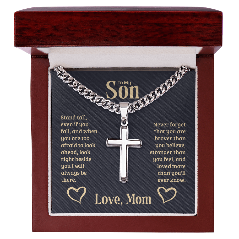 To My Son Braver Stronger Mom Cross Necklace Gift