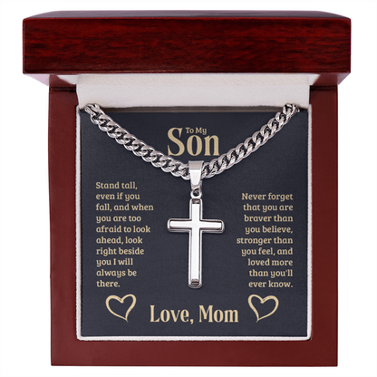 To My Son Braver Stronger Mom Cross Necklace Gift