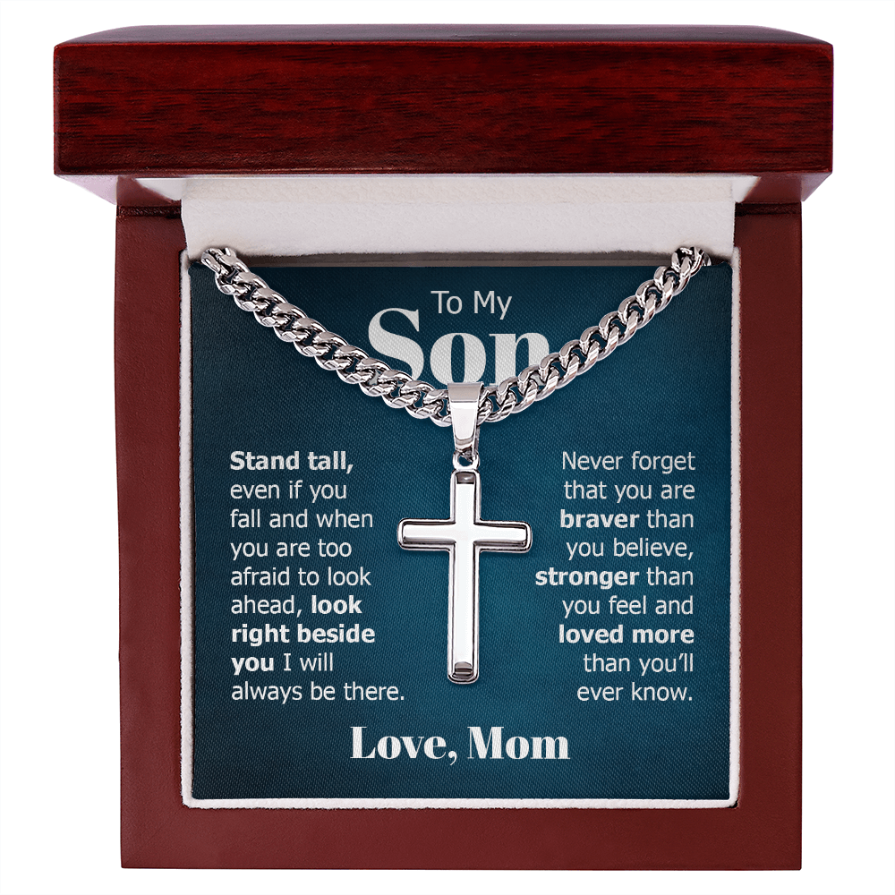 To My Son Braver Stronger Mom Cross Necklace Gift