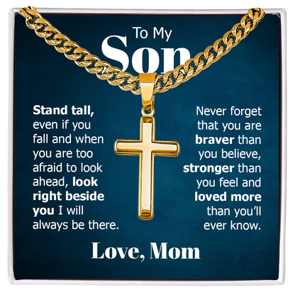 To My Son Braver Stronger Mom Cross Necklace Gift