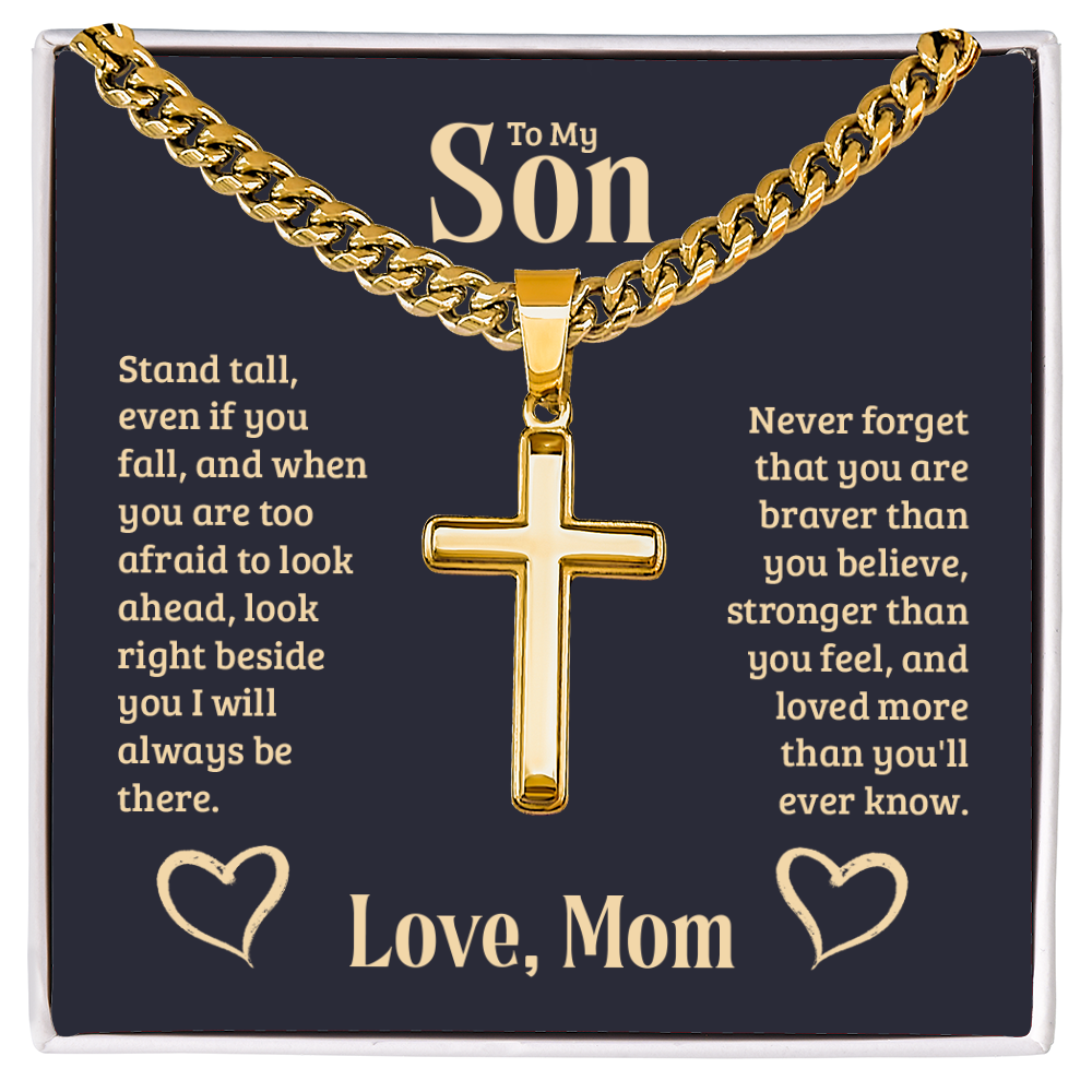 To My Son Braver Stronger Mom Cross Necklace Gift