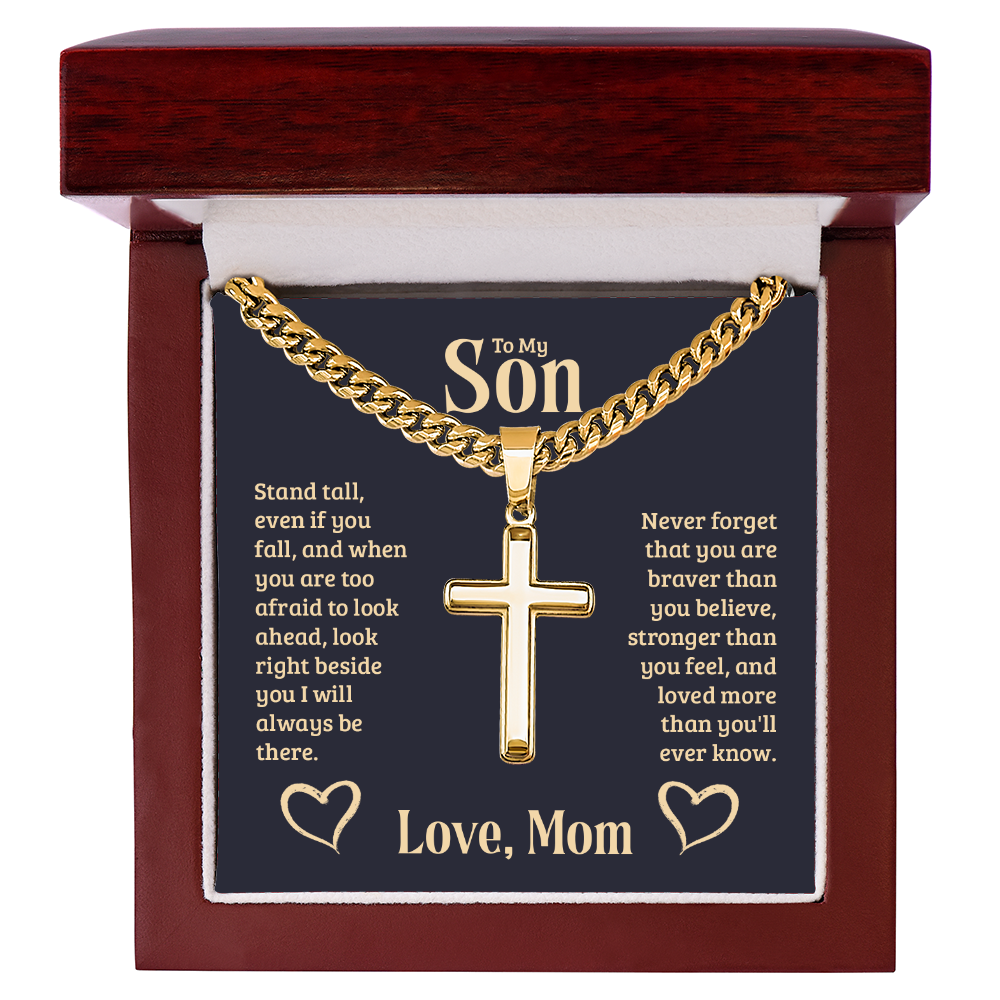 To My Son Braver Stronger Mom Cross Necklace Gift