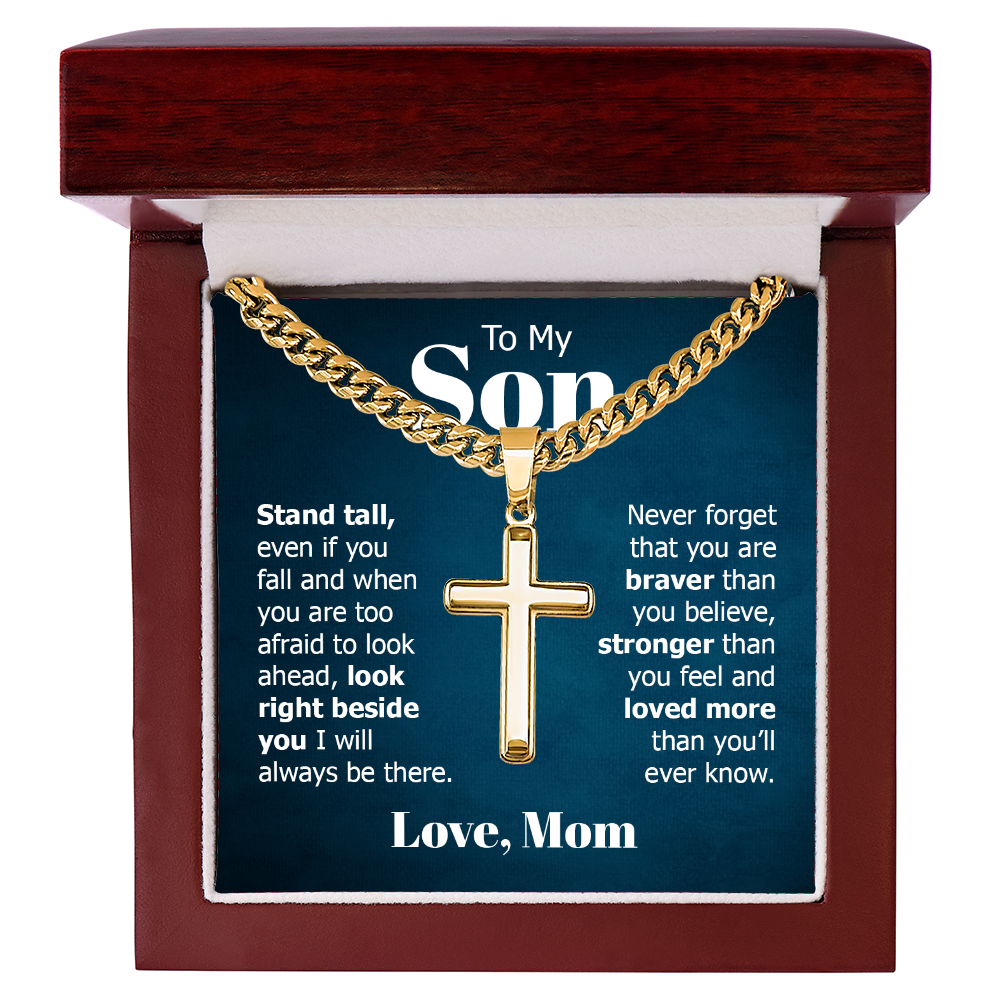 To My Son Braver Stronger Mom Cross Necklace Gift