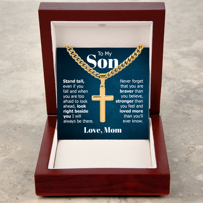 To My Son Braver Stronger Mom Cross Necklace Gift