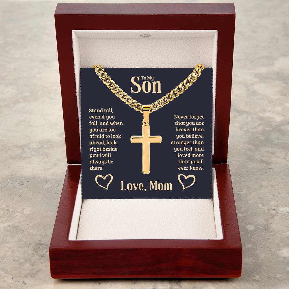 To My Son Braver Stronger Mom Cross Necklace Gift