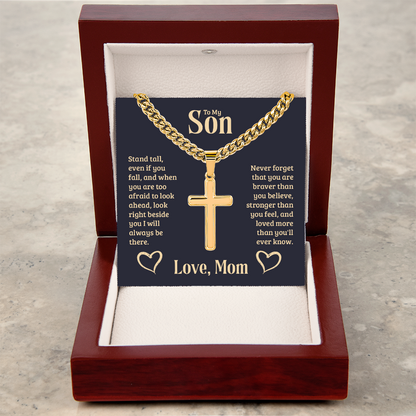 To My Son Braver Stronger Mom Cross Necklace Gift