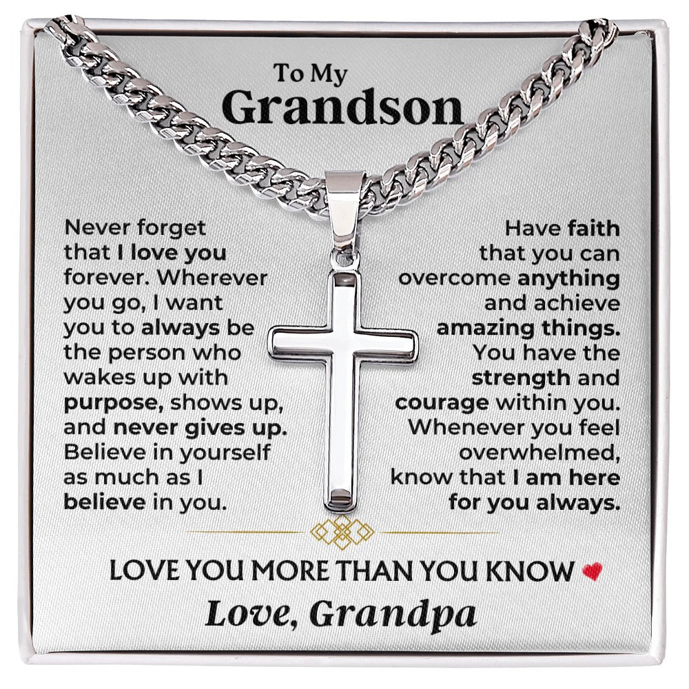To My Grandson Cross Necklace – Believe, Have Faith & Stay Strong