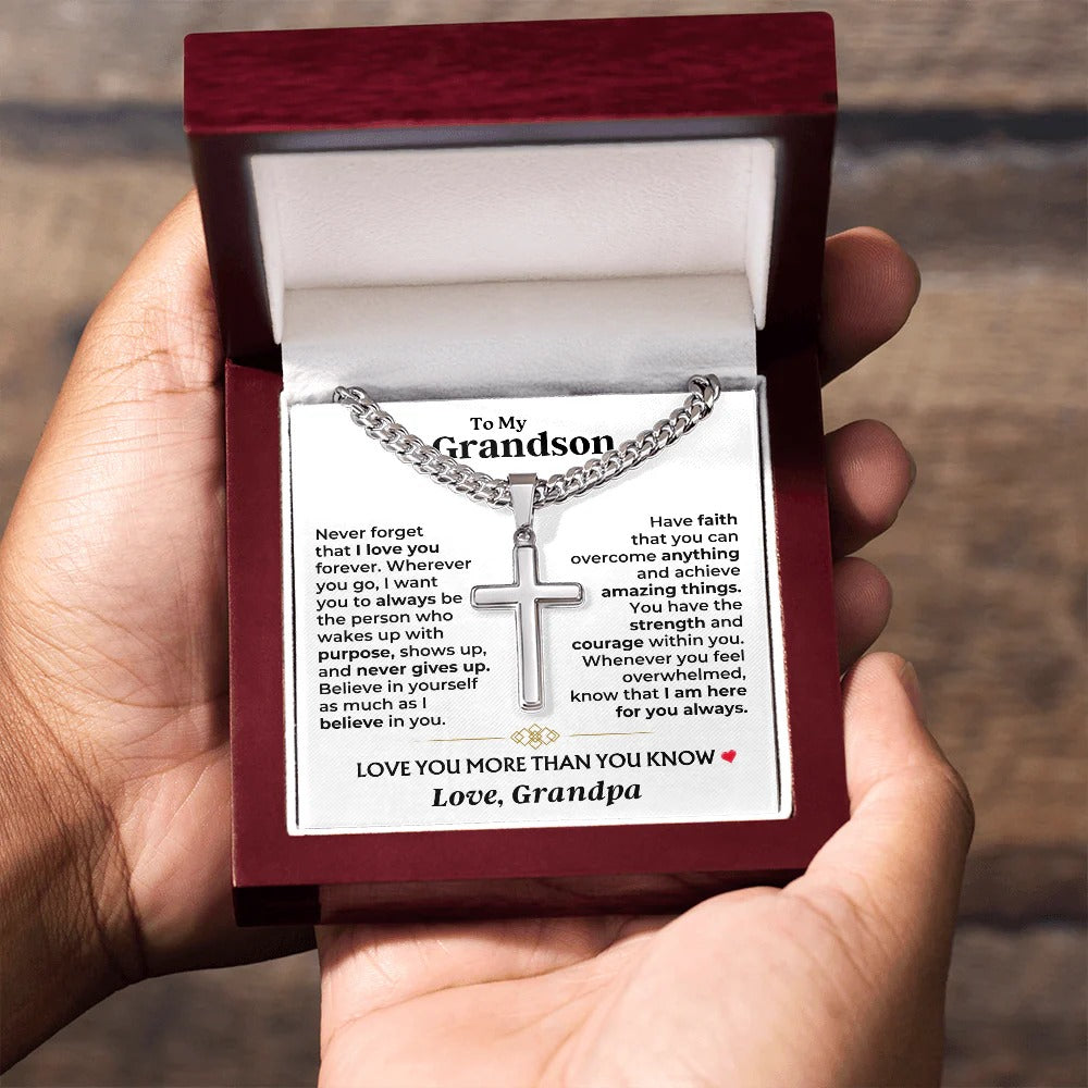 To My Grandson Cross Necklace – Believe, Have Faith & Stay Strong