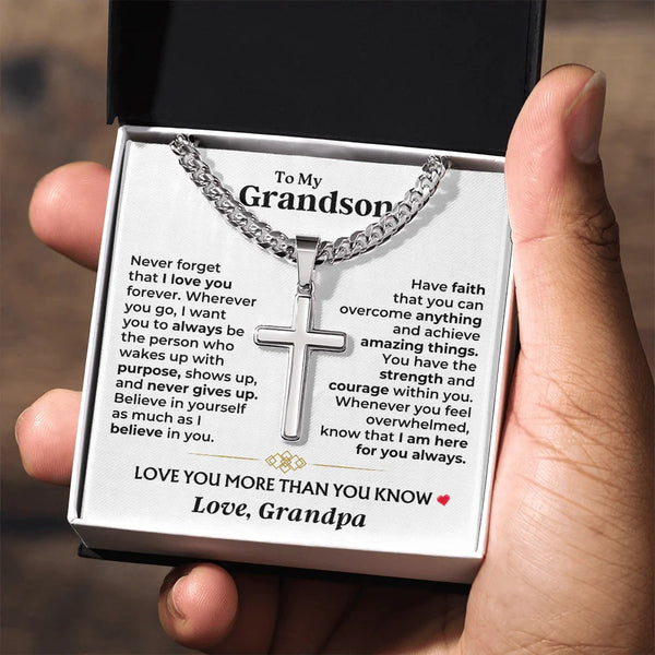 To My Grandson Cross Necklace – Believe, Have Faith & Stay Strong