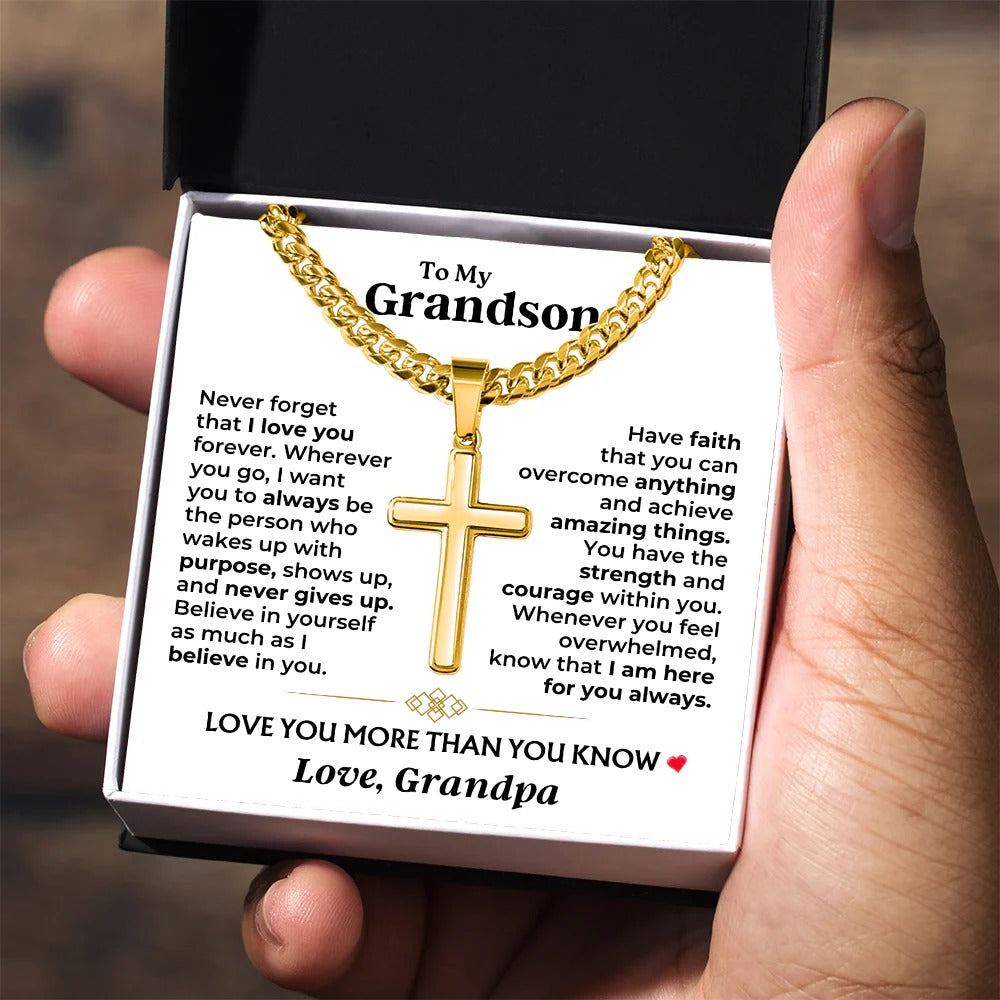 To My Grandson Cross Necklace – Believe, Have Faith & Stay Strong