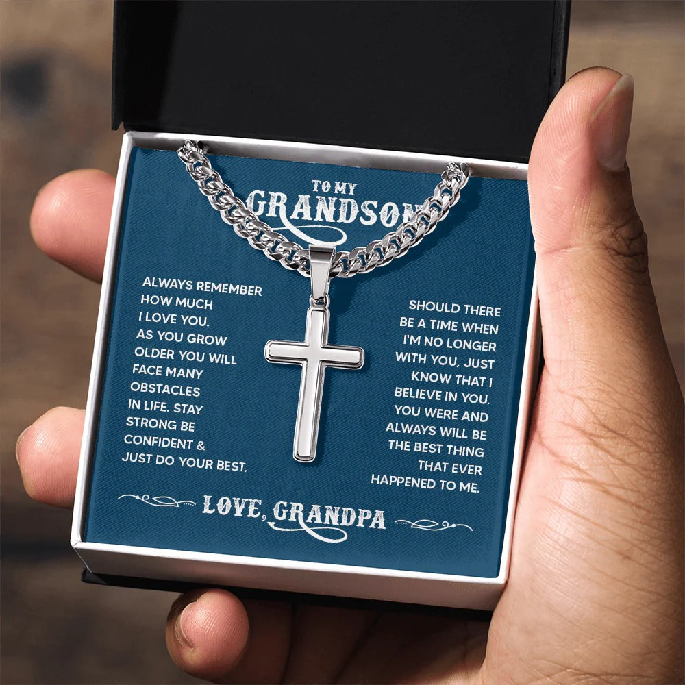 Grandson Cross Necklace – Strength, Faith & Love from Grandpa
